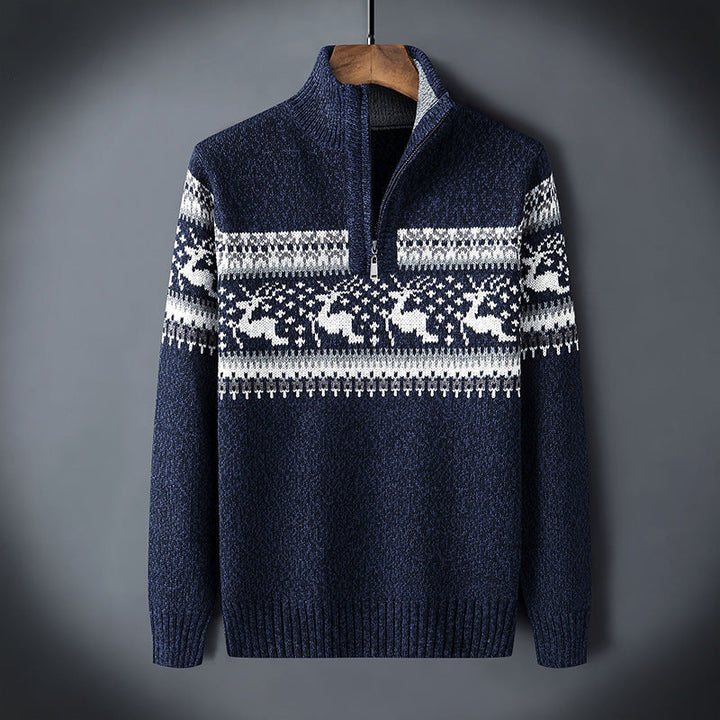 Lennart | Strickpullover mit Rentiermotiv und halbem Reißverschluss