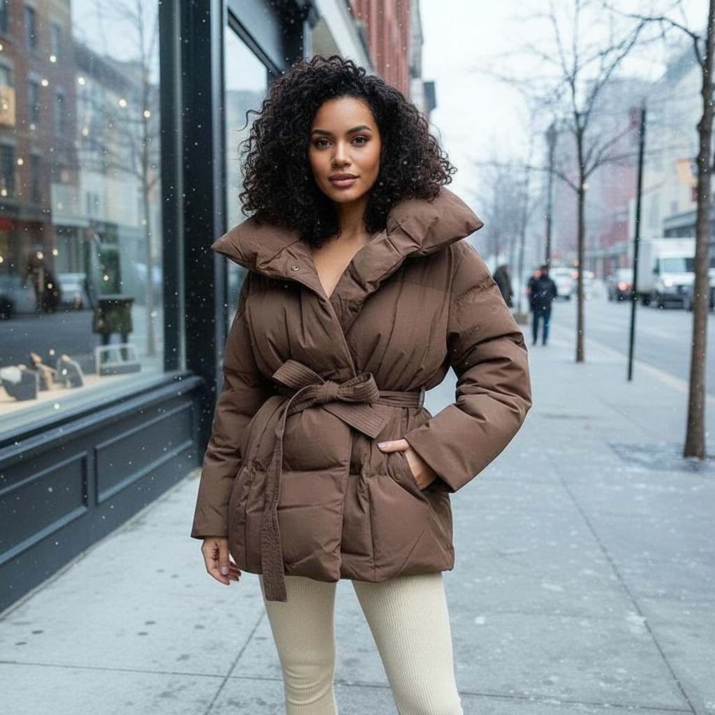 Elin | Taillierte lange Steppjacke mit Gürtel