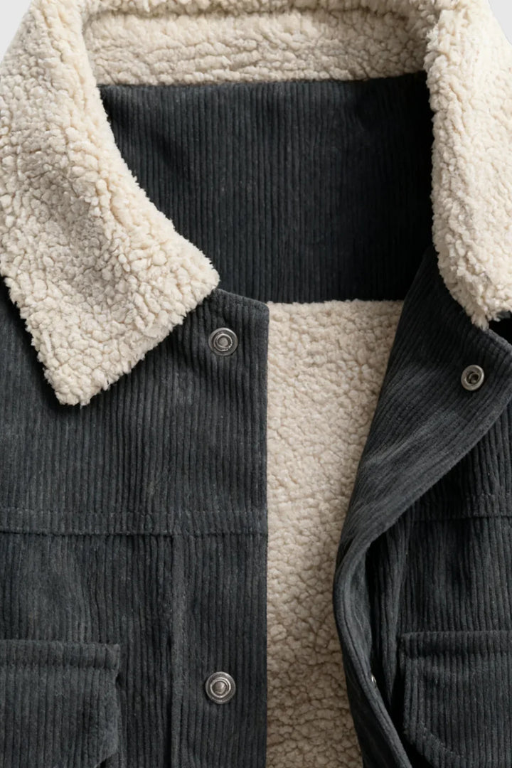 Chaqueta de terciopelo gris oscuro para hombre | Cuello de borreguito y botones a presión