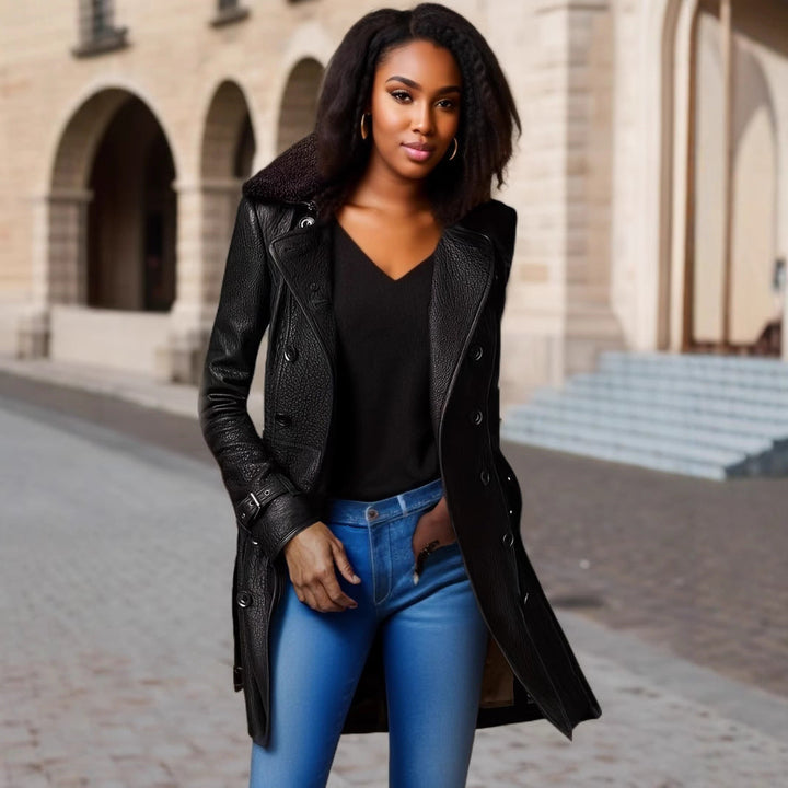 Nele | Long manteau effet cuir à col douillet