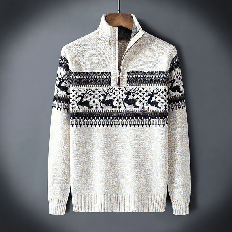 Lennart | Strickpullover mit Rentiermotiv und halbem Reißverschluss
