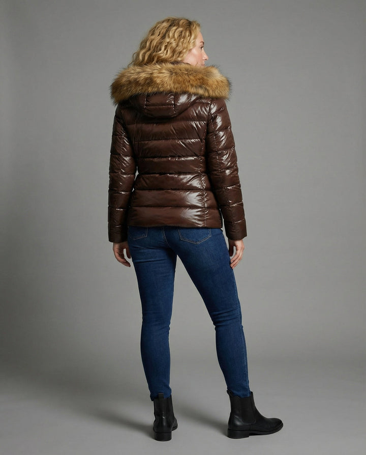 Elin | Glänzende Steppjacke mit Plüschkapuze