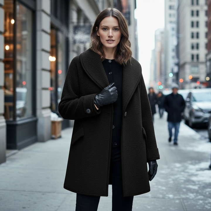 Liora | Cappotto con revers arrotondati e dettagli scuri