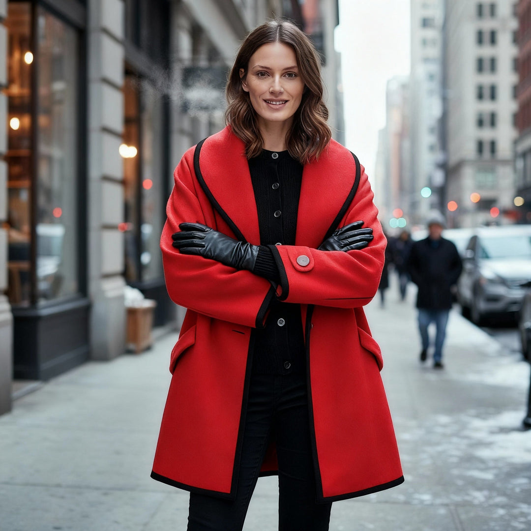 Liora | Cappotto con revers arrotondati e dettagli scuri
