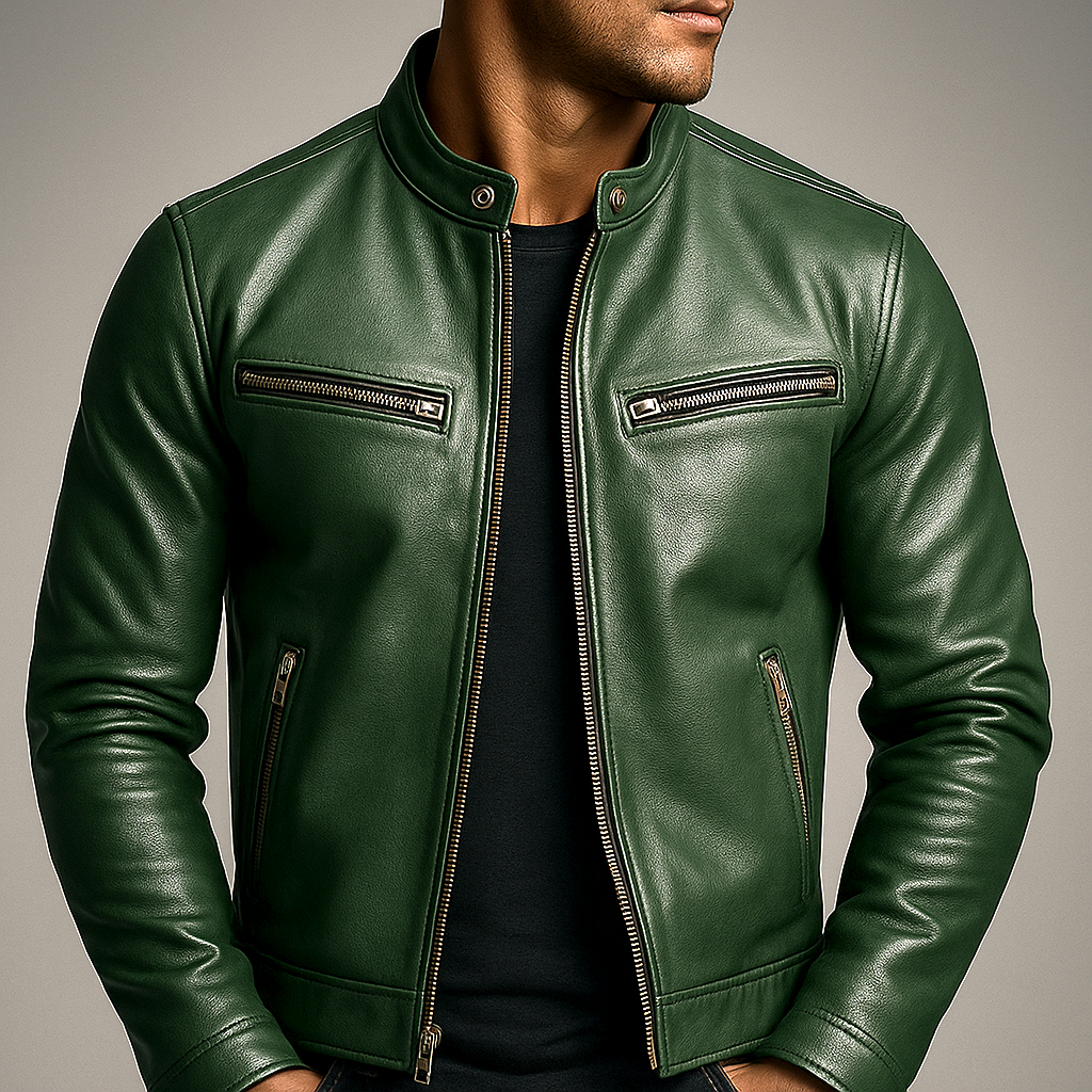 Veste zippée pour homme à col montant, aspect cuir