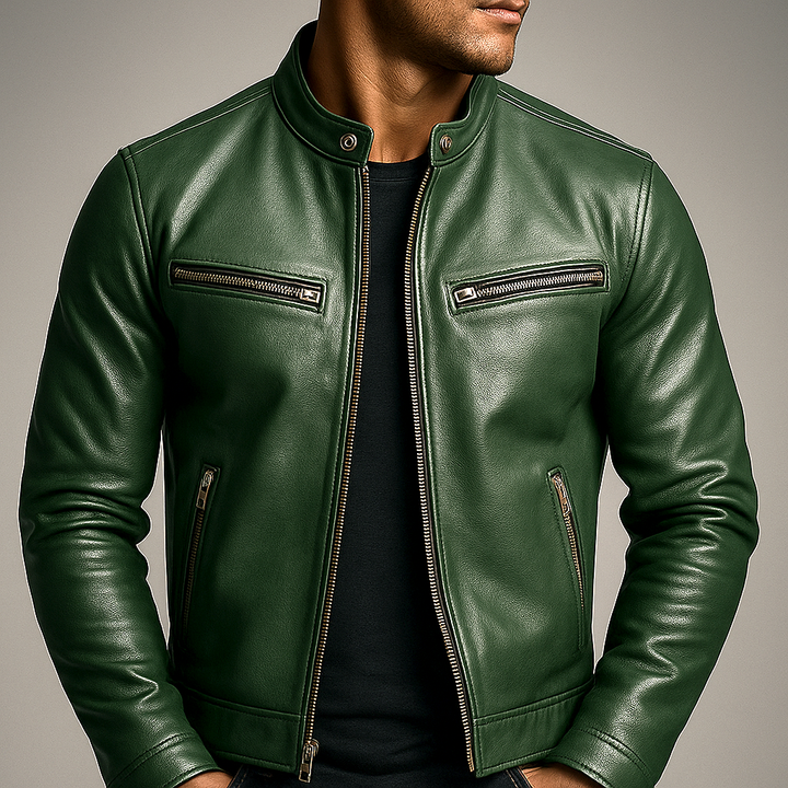 Veste zippée pour homme à col montant, aspect cuir