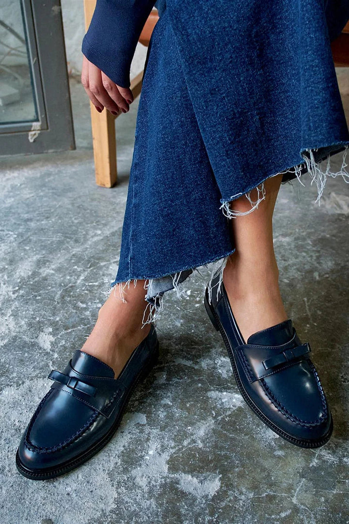 Loafers Patchwork Navy Blue Round Toe in Solid Color with Bow