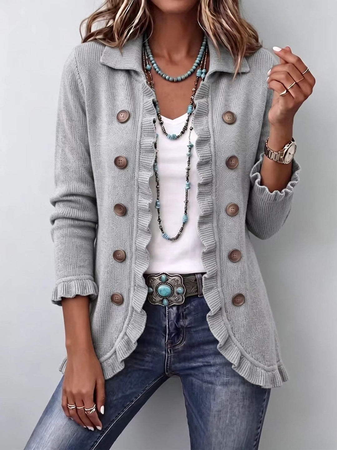 Angelina | Melierte graue Strickjacke mit Rüschen