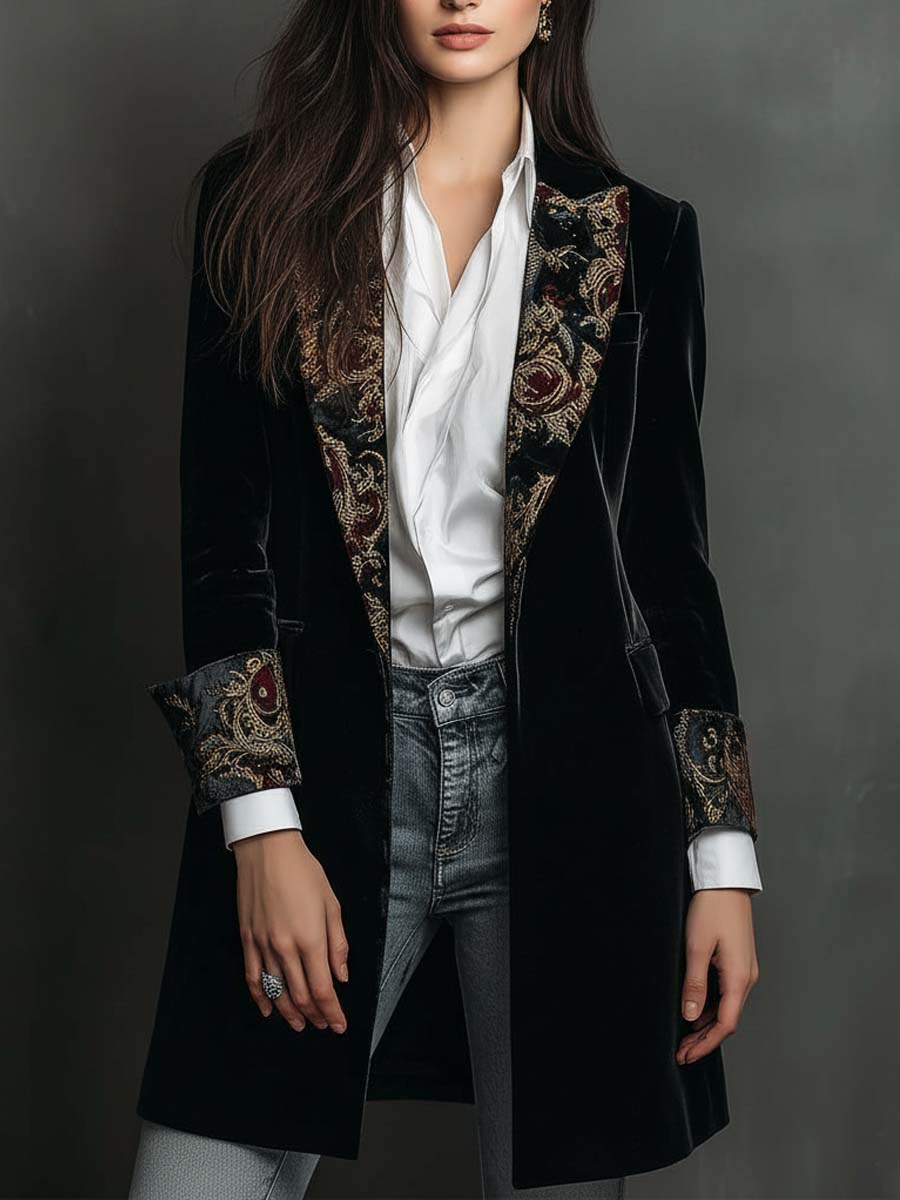 Julie | Blazer long effet velours avec bordure ornementale