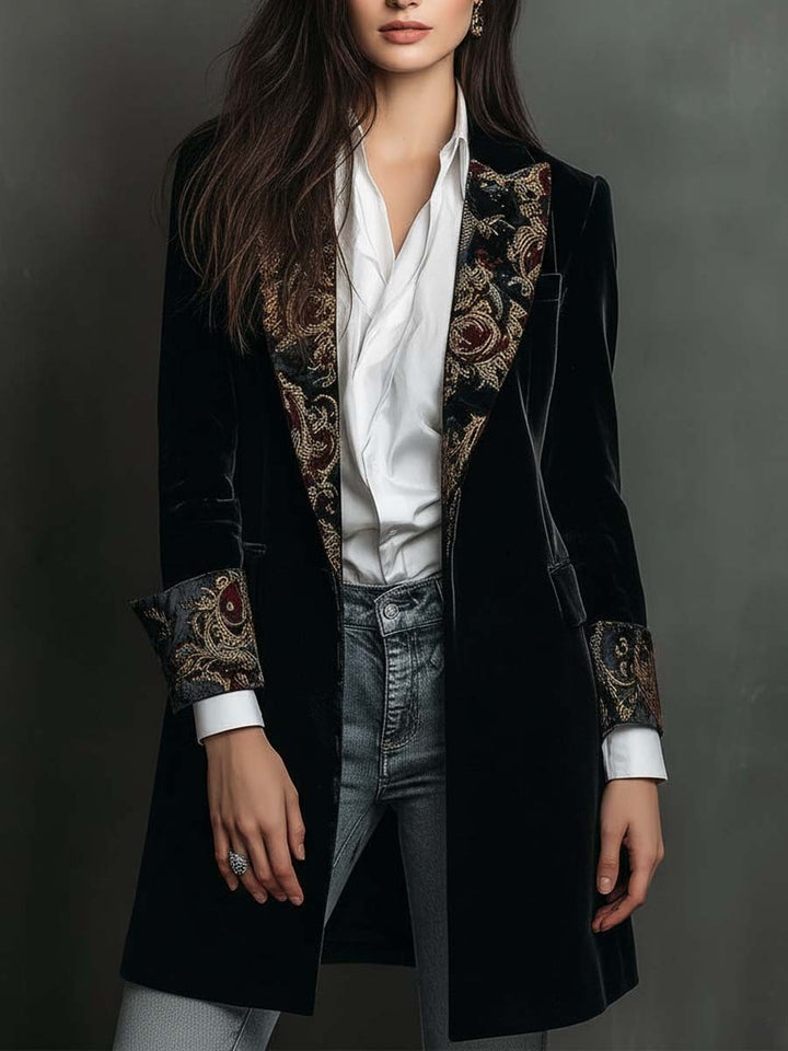 Julie | Blazer long effet velours avec bordure ornementale
