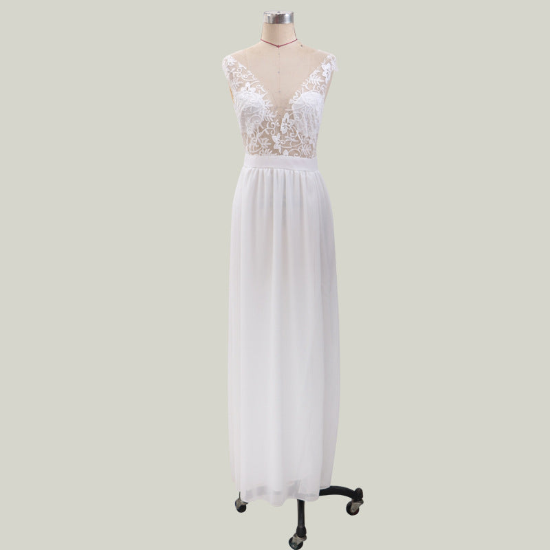 White Lace Bodice Maxi Dress with V-Neck