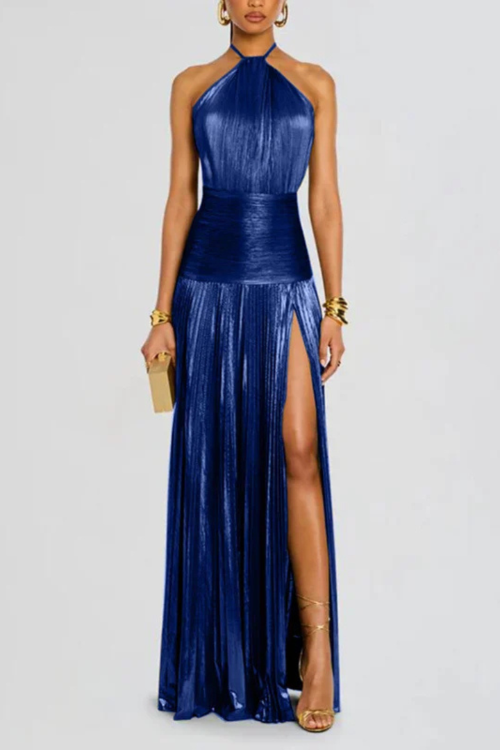 Abito Elegante Oro con Collo Halter