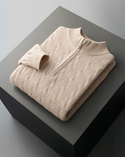 Pullover aus Merinowolle mit Reißverschluss für Herren | Zopfmuster und gerippter Kragen für raffinierten Komfort das ganze Jahr über