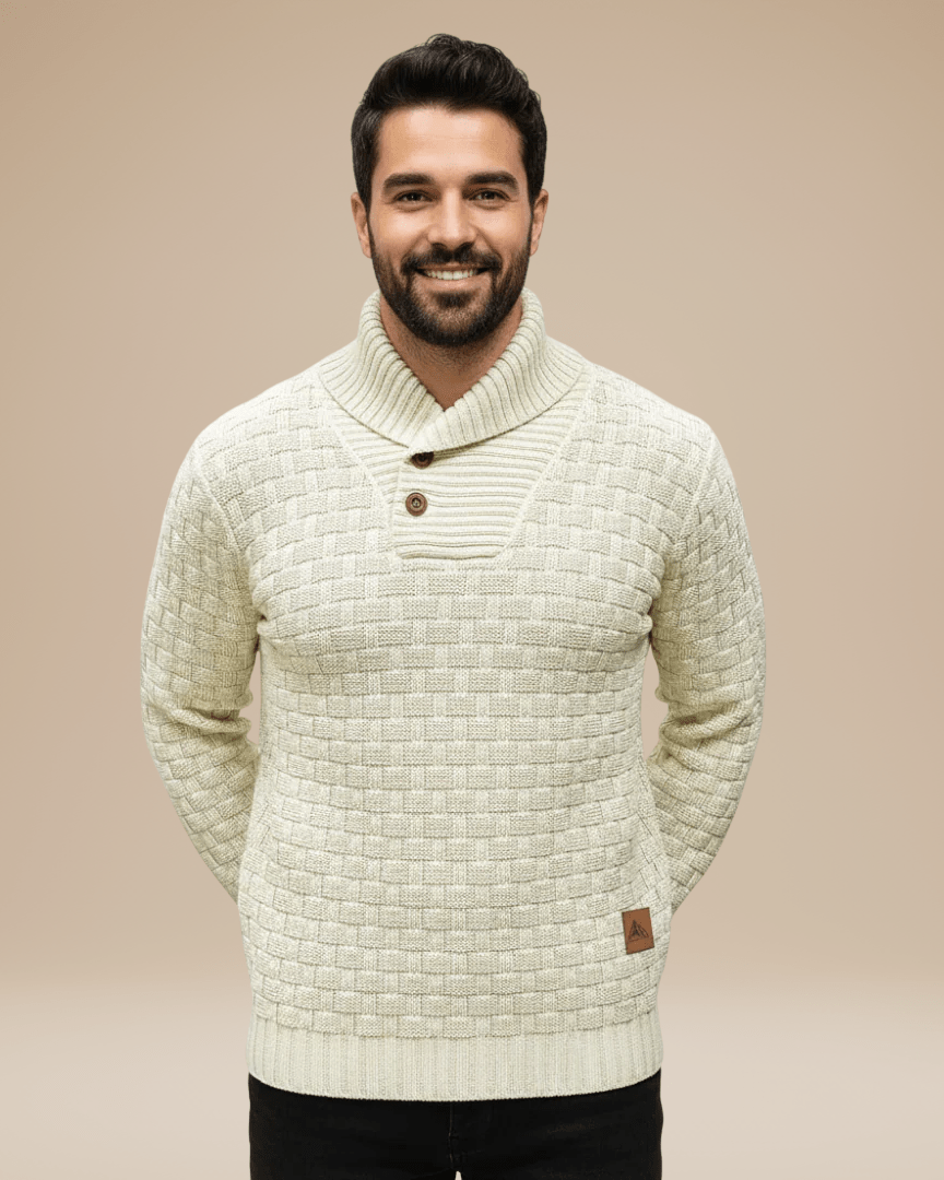 Camisola para homem com gola xale e botões | Estrutura em cesta e fio quente
