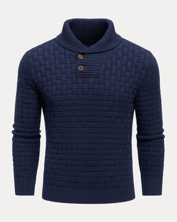 Camisola para homem com gola xale e botões | Estrutura em cesta e fio quente