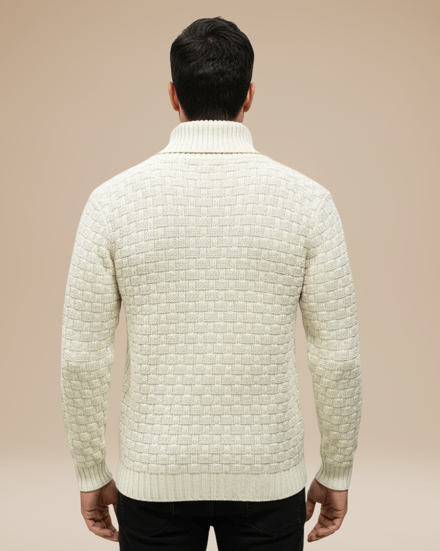 Camisola para homem com gola xale e botões | Estrutura em cesta e fio quente