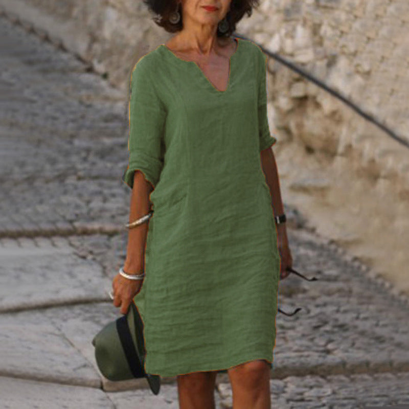 Abito Midi Verde con Collo a V e Maniche 3/4