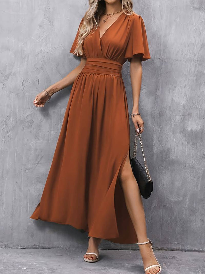 V-Neck Maxi Dress with Flutter Sleeves and Slit