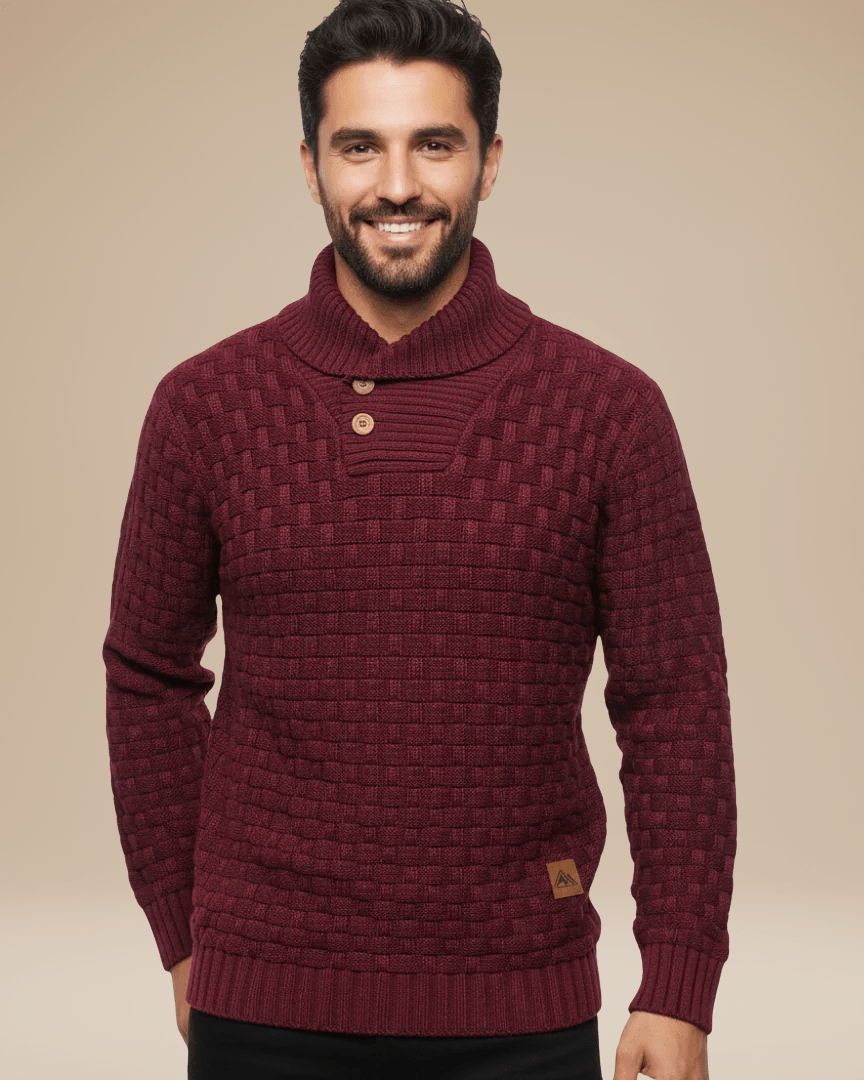 Camisola para homem com gola xale e botões | Estrutura em cesta e fio quente