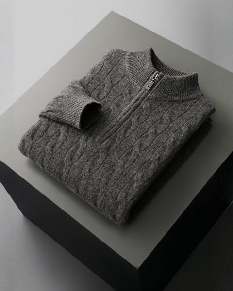 Pullover aus Merinowolle mit Reißverschluss für Herren | Zopfmuster und gerippter Kragen für raffinierten Komfort das ganze Jahr über