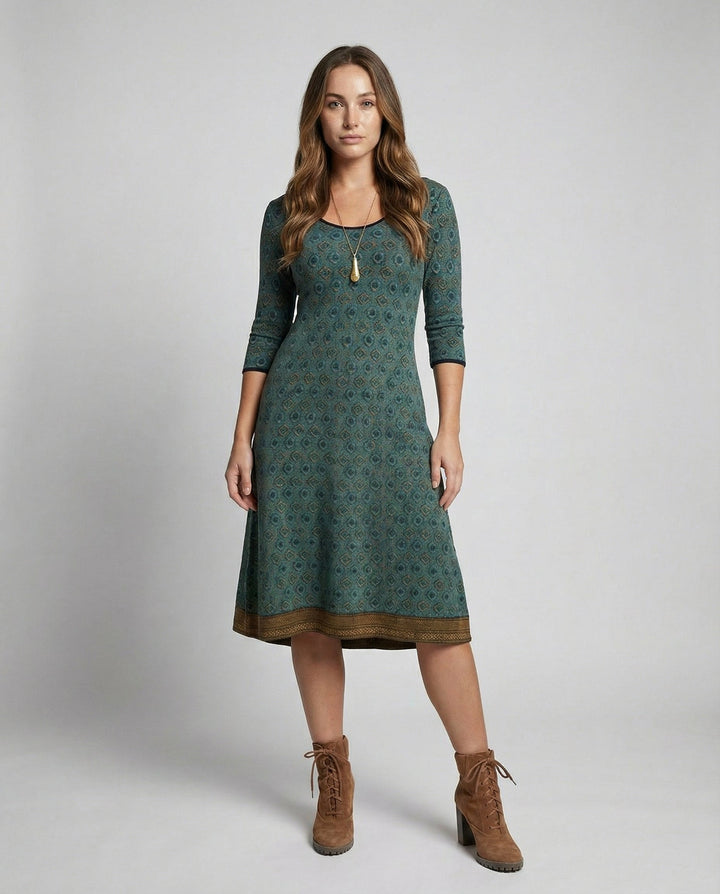 Geometric Pattern Midi Dress With 3/4 Sleeves