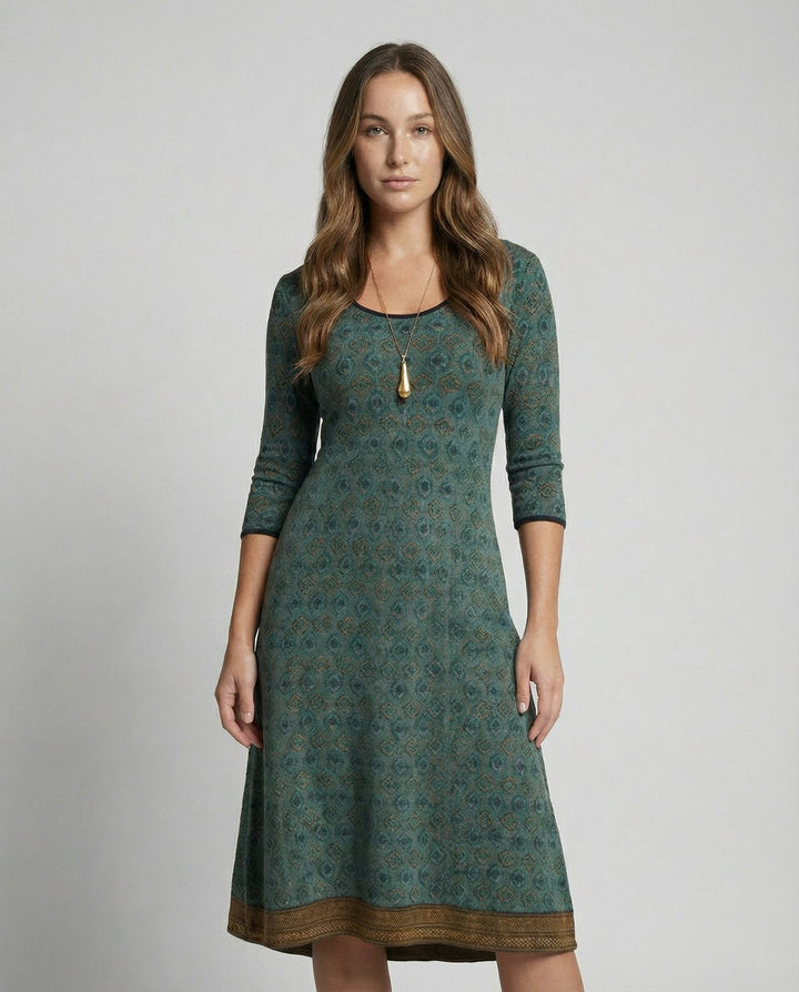 Geometric Pattern Midi Dress With 3/4 Sleeves
