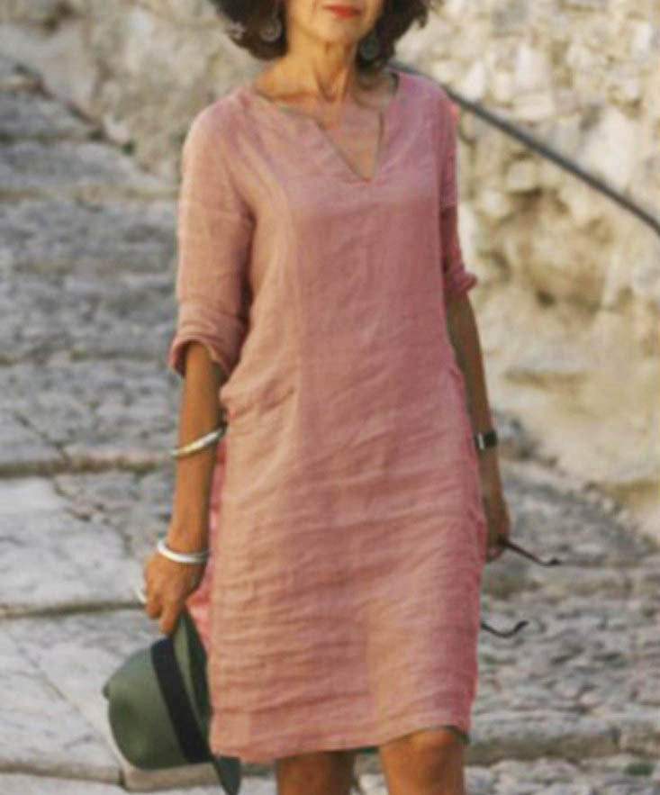 Abito Midi Verde con Collo a V e Maniche 3/4