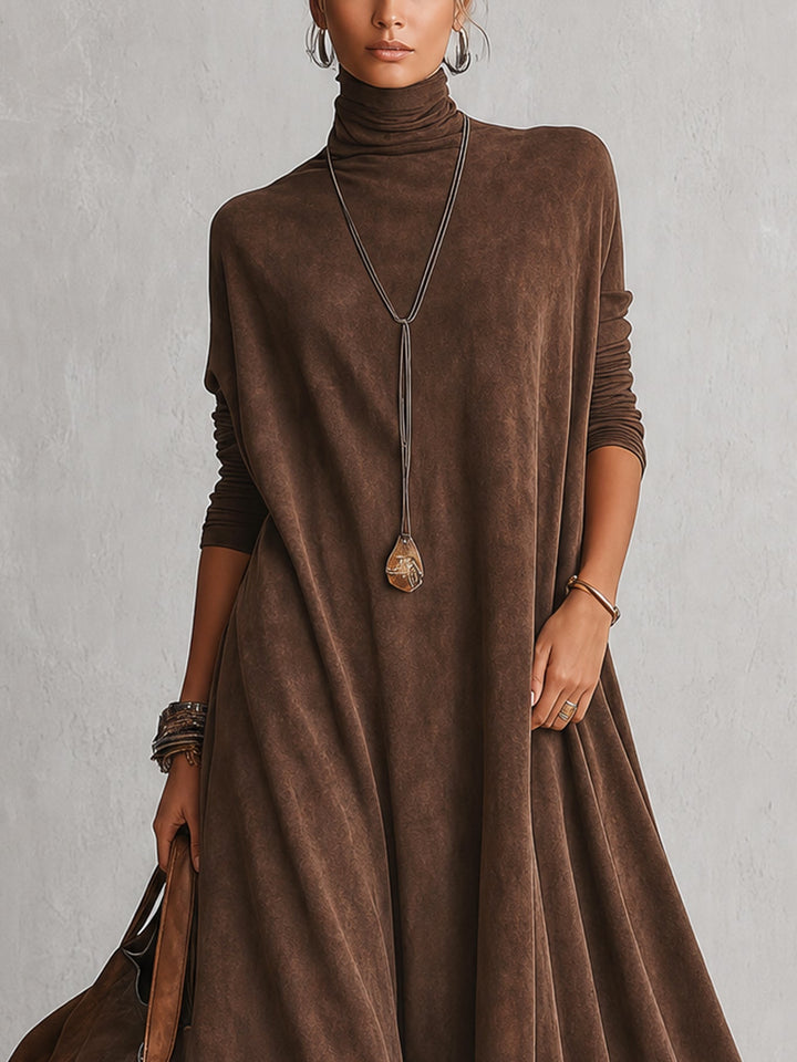 Piera | Robe marron à col montant avec ourlet en dentelle contrastante