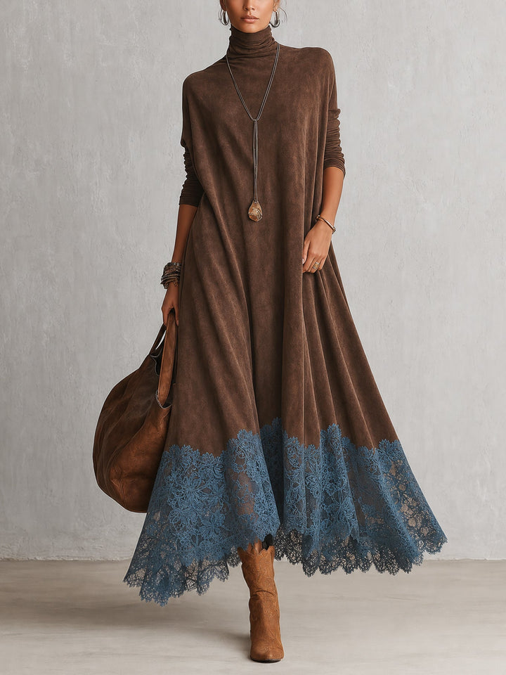 Piera | Robe marron à col montant avec ourlet en dentelle contrastante