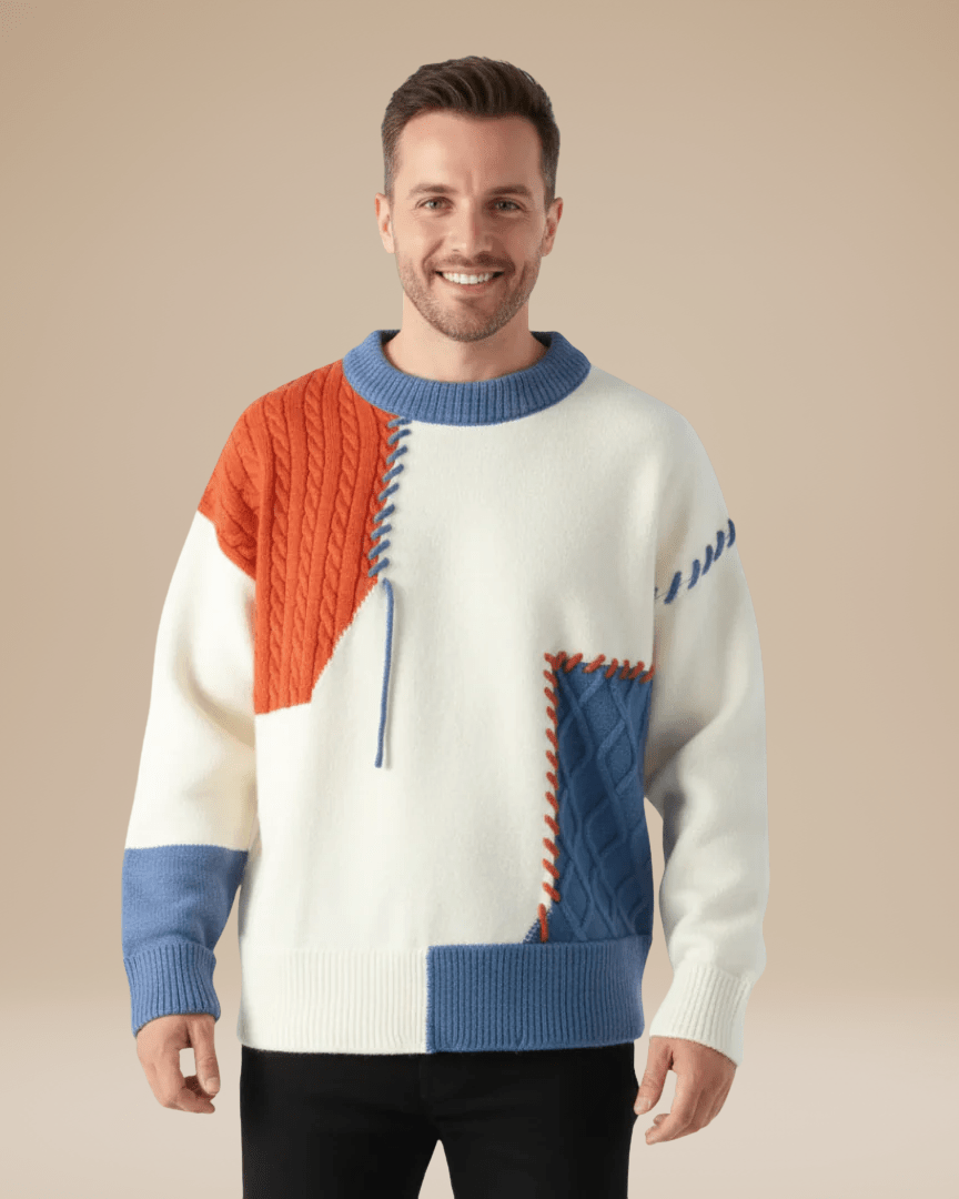 Pull torsadé patchwork pour homme | Mélange de laine et empiècements en losange