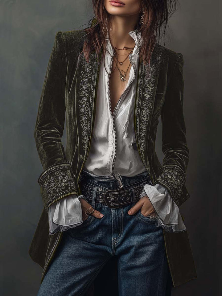Nathalie | Chaqueta larga de terciopelo con bordes estampados