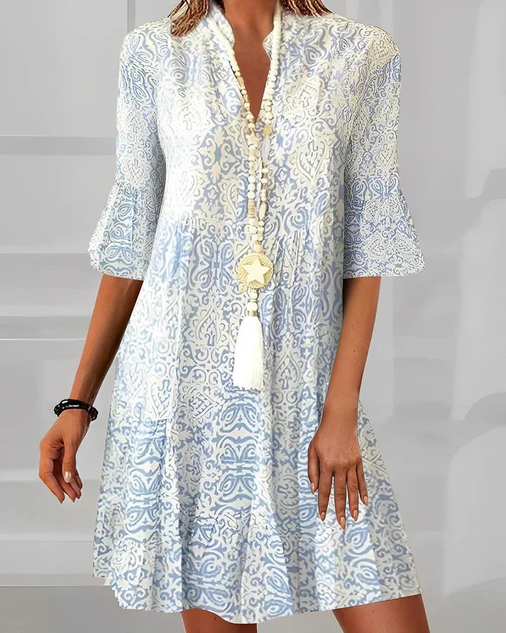 Ornate Print V-Neck A-Line Dress