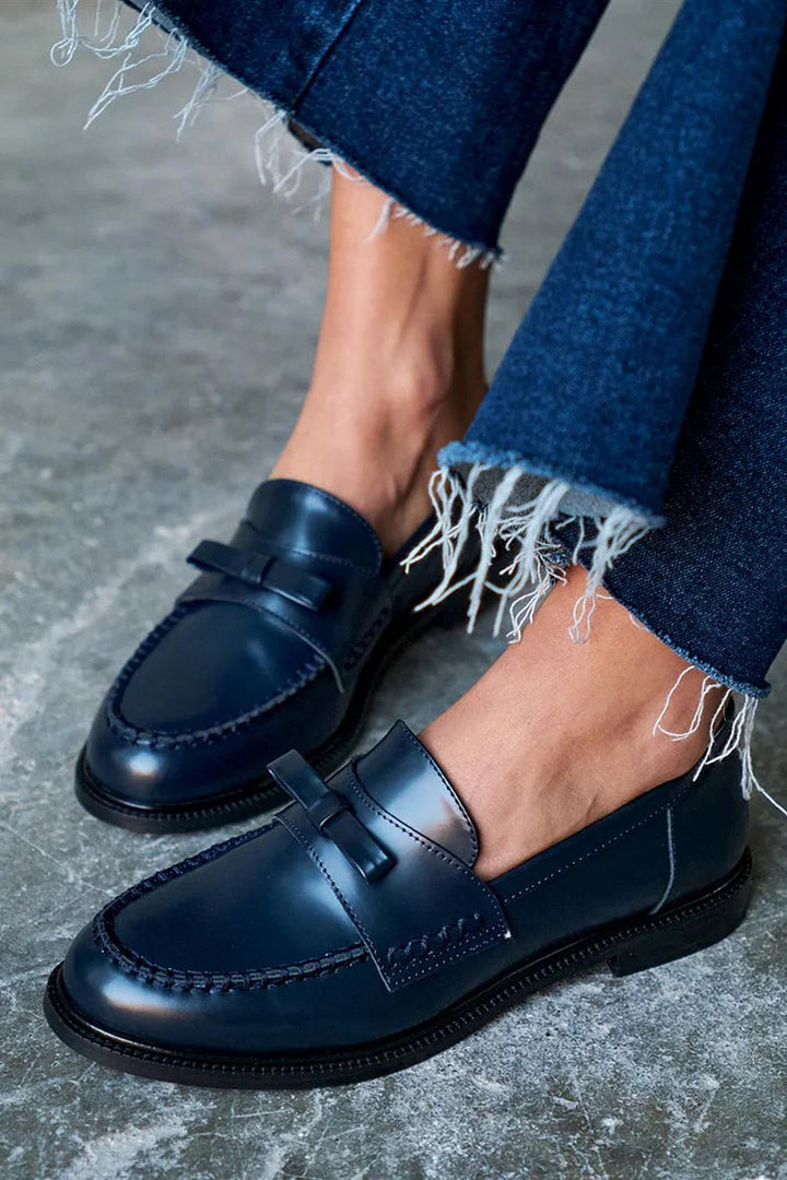 Loafers Patchwork Navy Blue Round Toe in Solid Color with Bow