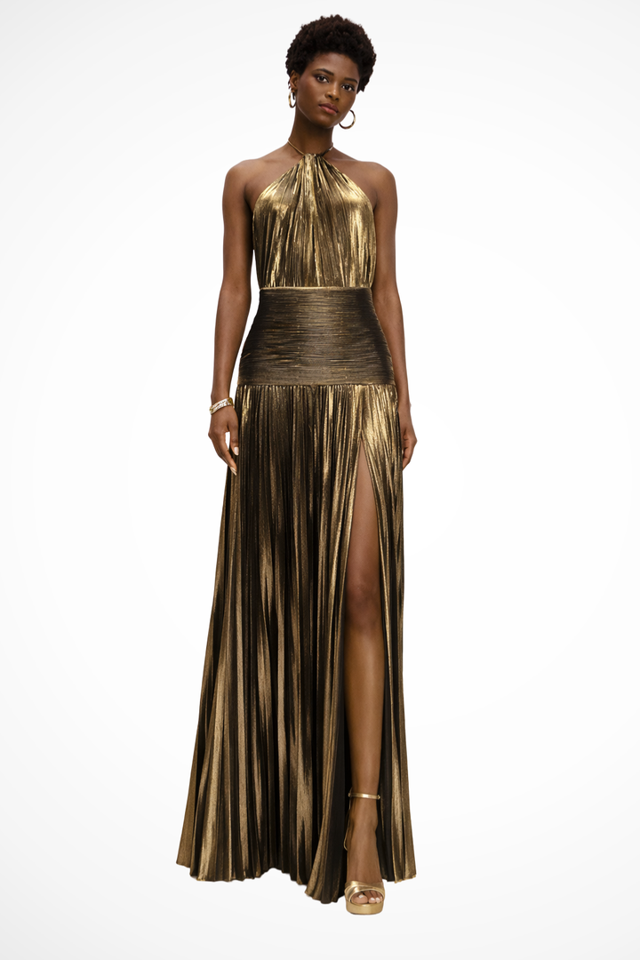 Abito Elegante Oro con Collo Halter