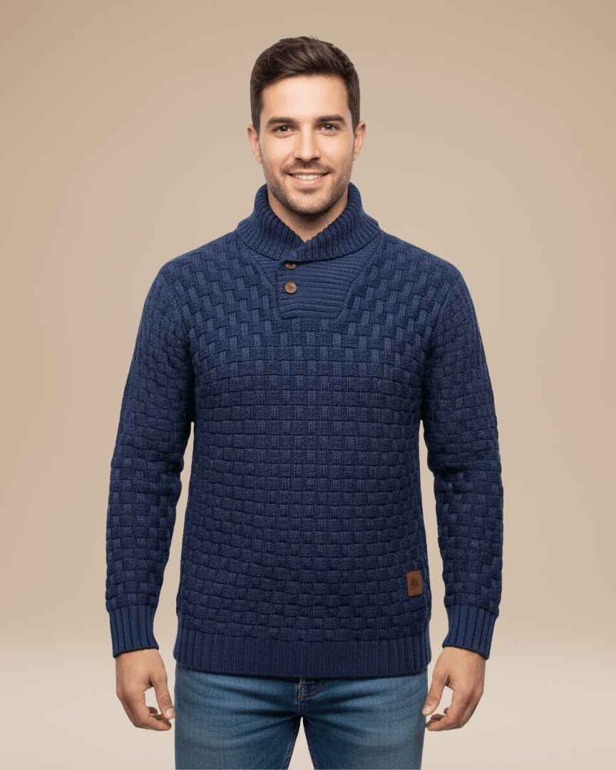 Camisola para homem com gola xale e botões | Estrutura em cesta e fio quente