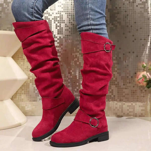 Damenstiefel mit Knickleder und Schnallenriemen