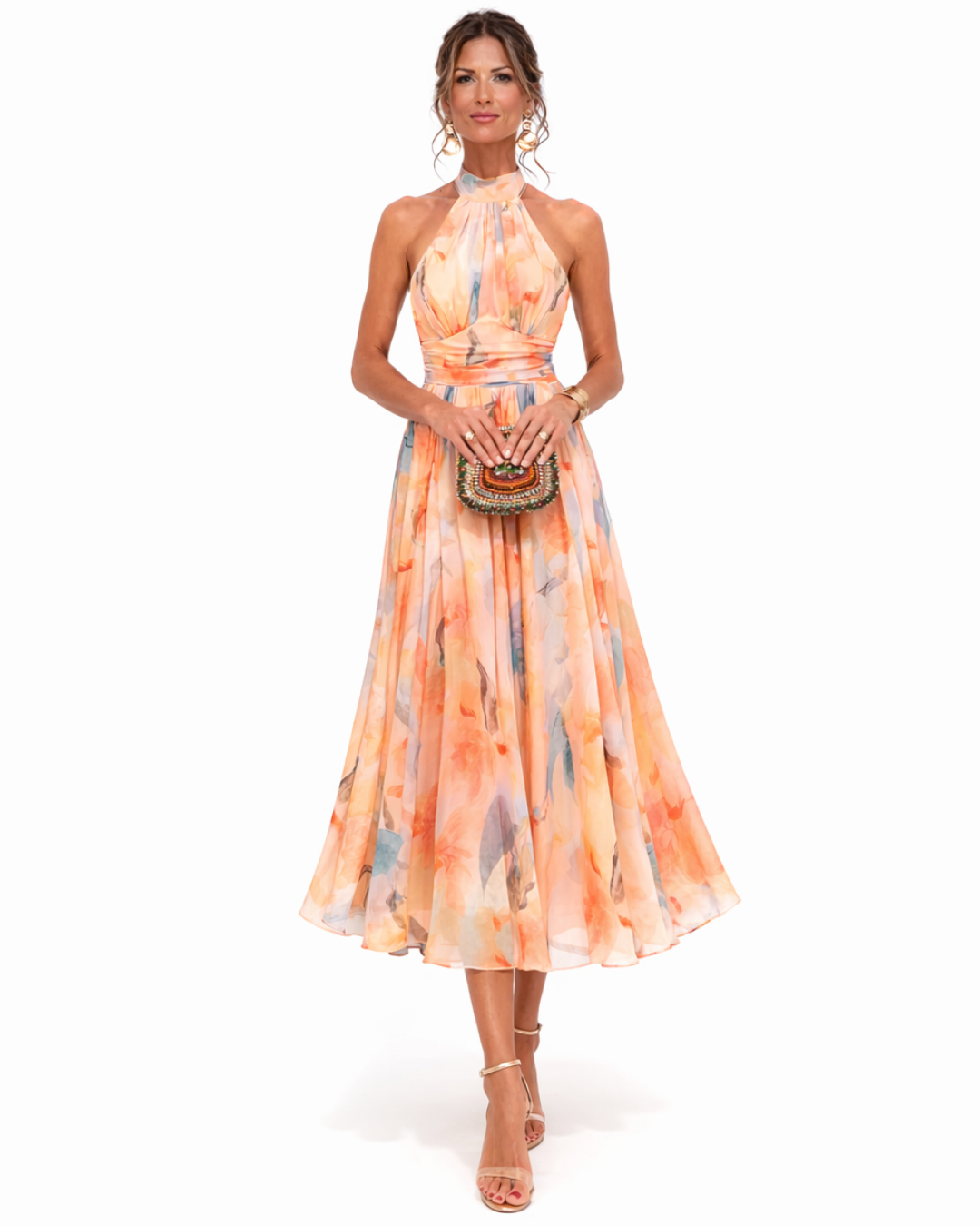 Aurora | Vestido com decote halter e estampado aguarela