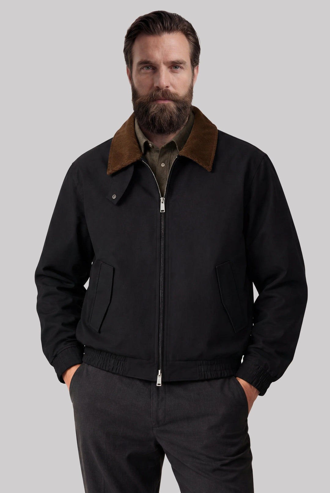 Giacca utility corta nera da uomo | Colletto in velluto e stile casual