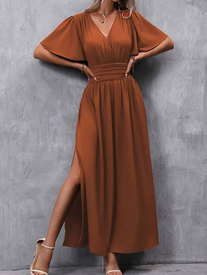 V-Neck Maxi Dress with Flutter Sleeves and Slit