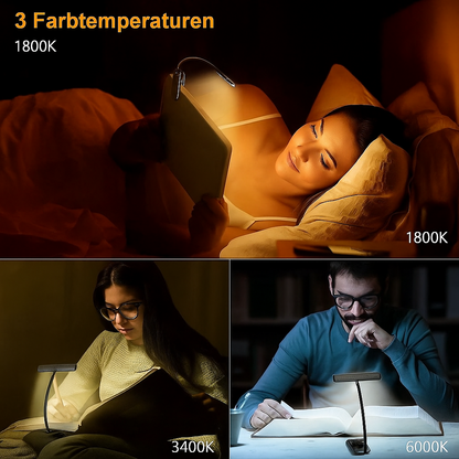 LED-Klemm-Leselampe | 3 Farbmodi, 10 Stufen, bis 80 h Akk