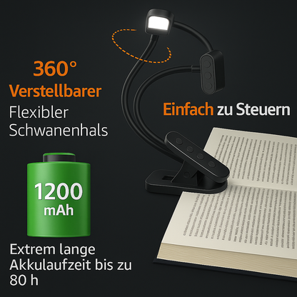 LED-Klemm-Leselampe | 3 Farbmodi, 10 Stufen, bis 80 h Akk