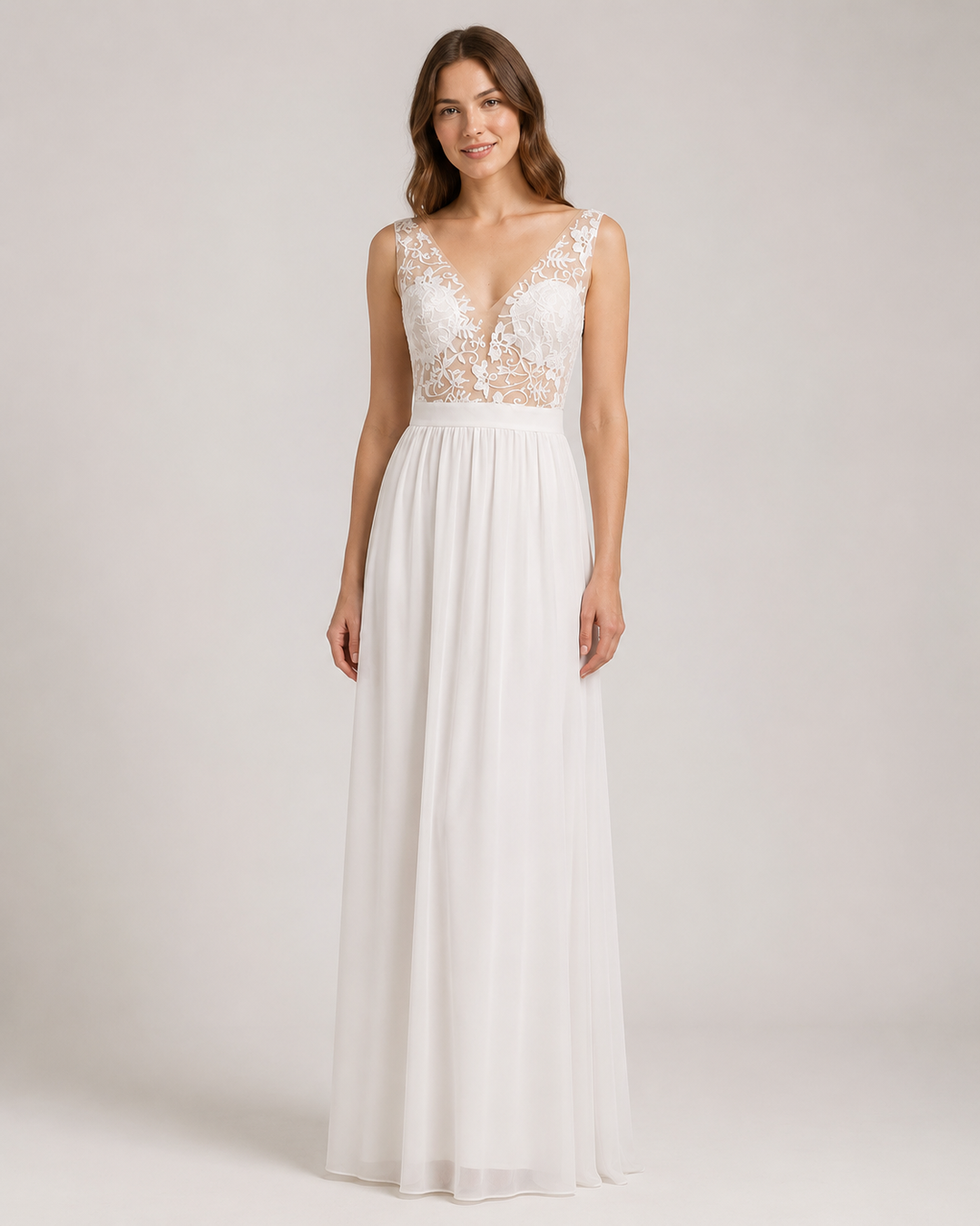 White Lace Bodice Maxi Dress with V-Neck