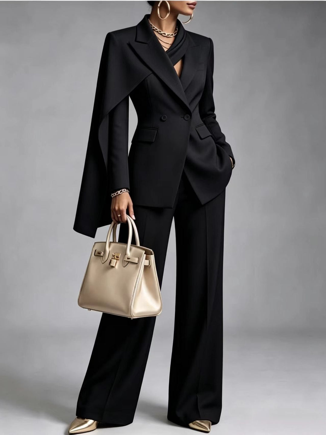 Nicoletta | Conjunto de blazer tipo capa asimétrica y pantalón de pierna ancha