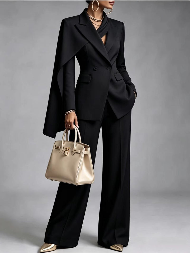 Nicoletta | Conjunto de blazer tipo capa asimétrica y pantalón de pierna ancha