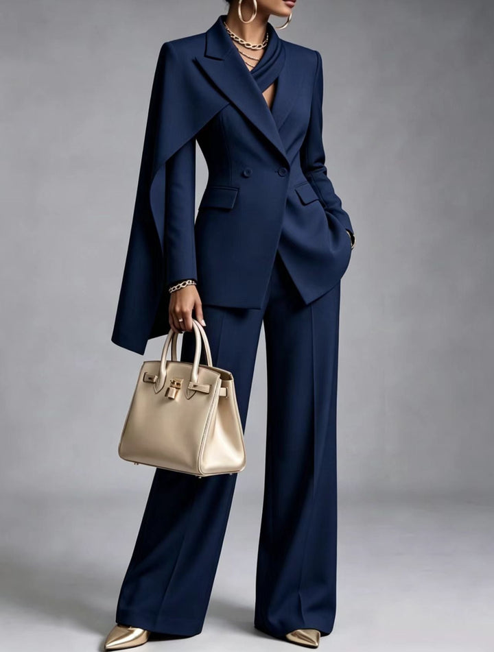 Nicoletta | Conjunto de blazer tipo capa asimétrica y pantalón de pierna ancha