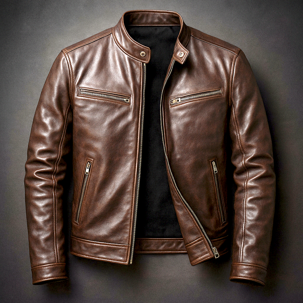 Veste zippée pour homme à col montant, aspect cuir