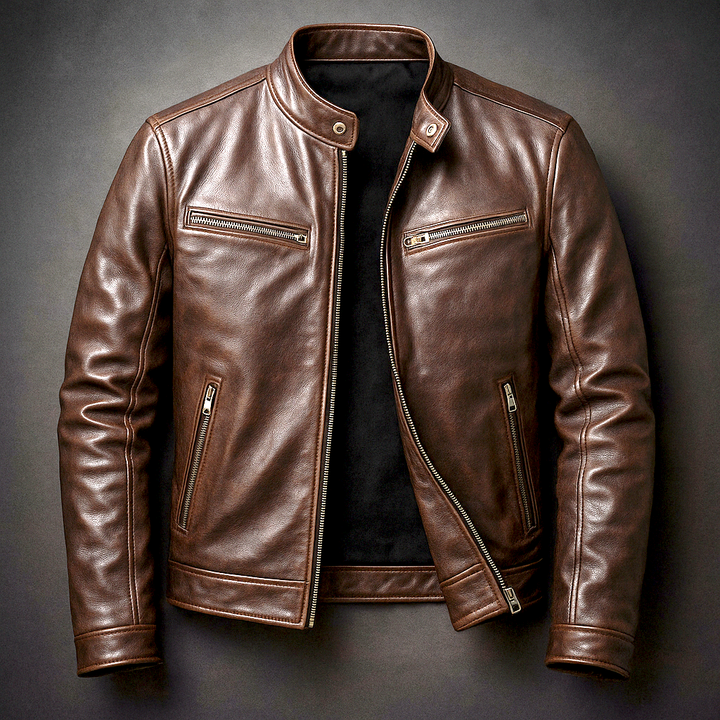 Veste zippée pour homme à col montant, aspect cuir