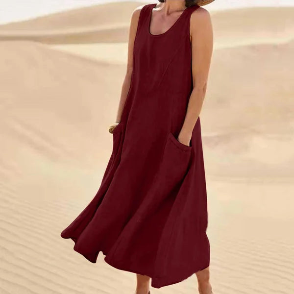 Sleeveless Scoop Neck Midi Dress with Pockets
