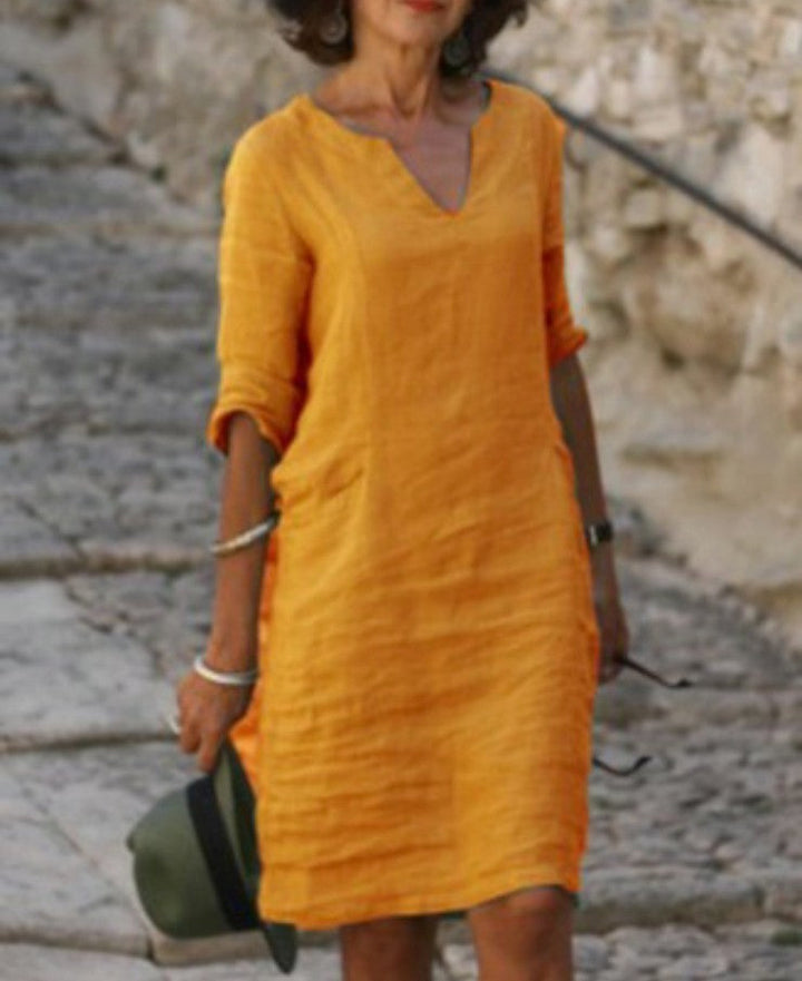 Abito Midi Verde con Collo a V e Maniche 3/4