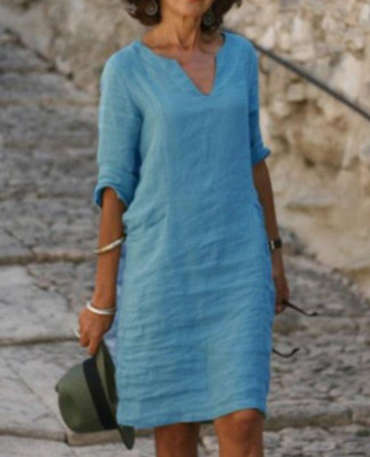 Abito Midi Verde con Collo a V e Maniche 3/4